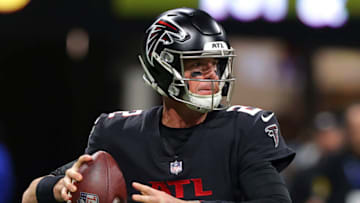 ATLANTA, GA - JANUARY 09: Matt Ryan #2 of the Atlanta Falcons drops back to pass during the second half against the New Orleans Saints at Mercedes-Benz Stadium on January 9, 2022 in Atlanta, Georgia. (Photo by Todd Kirkland/Getty Images)