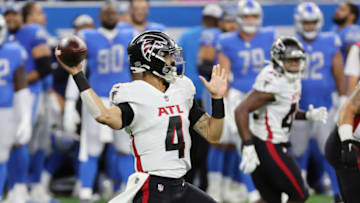 DETROIT, MICHIGAN - AUGUST 12: Desmond Ridder #4 of the Atlanta Falcons throws a second quarter pass while playing the Detroit Lions during a NFL preseason game at Ford Field on August 12, 2022 in Detroit, Michigan. (Photo by Gregory Shamus/Getty Images)