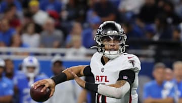 DETROIT, MICHIGAN - AUGUST 12: Desmond Ridder #4 of the Atlanta Falcons throws a pass against the Detroit Lions at Ford Field on August 12, 2022 in Detroit, Michigan. (Photo by Gregory Shamus/Getty Images)