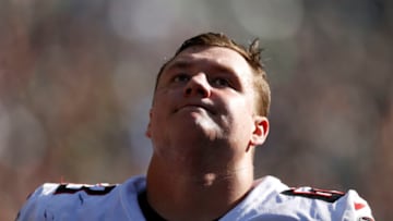 SEATTLE, WASHINGTON - SEPTEMBER 25: Chris Lindstrom #63 of the Atlanta Falcons looks on during the third quarter against the Seattle Seahawks at Lumen Field on September 25, 2022 in Seattle, Washington. (Photo by Steph Chambers/Getty Images)