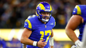 INGLEWOOD, CALIFORNIA - DECEMBER 08: Baker Mayfield #17 of the Los Angeles Rams reacts after throwing a touchdown pass to Van Jefferson #12 (not pictured) during the fourth quarter against the Las Vegas Raiders at SoFi Stadium on December 08, 2022 in Inglewood, California. (Photo by Ronald Martinez/Getty Images)