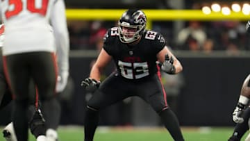 ATLANTA, GA - JANUARY 08: Chris Lindstrom #63 of the Atlanta Falcons defends against the Tampa Bay Buccaneers at Mercedes-Benz Stadium on January 8, 2023 in Atlanta, Georgia. (Photo by Cooper Neill/Getty Images)