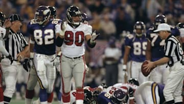 17 Jan 1999: Chuck Smith #90 of the Atlanta Falcons in action during the NFC Championship Game against the Minnesota Vikings at the H. H. H. Metrodome in Minneapolis, Minnesota. The Falcons defeated the Vikings 30-27 in overtime. Mandatory Credit: Andy Lyons /Allsport