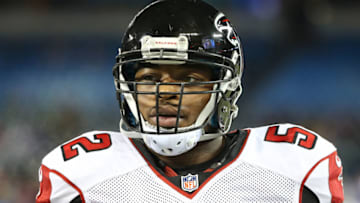 TORONTO, ON - DECEMBER 1: Akeem Dent #52 of the Atlanta Falcons warms up before playing an NFL game against the Buffalo Bills at Rogers Centre on December 1, 2013 in Toronto, Ontario, Canada. (Photo by Tom Szczerbowski/Getty Images)