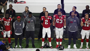 HOUSTON, TX - FEBRUARY 05: Matt Ryan #2 and Ben Garland #63 of the Atlanta Falcons stand for the National Anthem prior to Super Bowl 51 against the New England Patriots at NRG Stadium on February 5, 2017 in Houston, Texas. (Photo by Ezra Shaw/Getty Images)