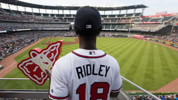 ATLANTA, GA - JUNE 14: Atlanta Falcons first round draft pick Calvin Ridley leads the chop during the game against the San Diego Padres at SunTrust Park on June 14, 2018, in Atlanta, Georgia. The Braves won 4-2. (Photo by Cameron Hart/Beam Imagination/Atlanta Braves/Getty Images)