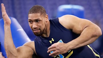 INDIANAPOLIS, IN - MARCH 05: Defensive lineman Jordan Willis of Kansas State participates in a drill during day five of the NFL Combine at Lucas Oil Stadium on March 5, 2017 in Indianapolis, Indiana. (Photo by Joe Robbins/Getty Images)