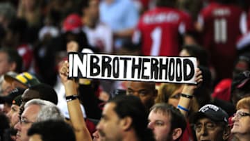 ATLANTA, GA - JANUARY 22: An Atlanta Falcons fan holds up a sign during the game against the Green Bay Packers in the NFC Championship Game at the Georgia Dome on January 22, 2017 in Atlanta, Georgia. (Photo by Scott Cunningham/Getty Images)