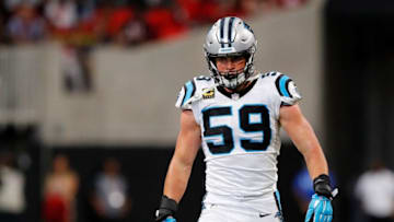 ATLANTA, GA - SEPTEMBER 16: Luke Kuechly #59 of the Carolina Panthers reacts to a play during the first half against the Atlanta Falcons at Mercedes-Benz Stadium on September 16, 2018 in Atlanta, Georgia. (Photo by Kevin C. Cox/Getty Images)