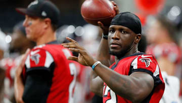 ATLANTA, GEORGIA - AUGUST 15: Mohamed Sanu #12 of the Atlanta Falcons throws a football on the bench against the New York Jets during the second half of a preseason game at Mercedes-Benz Stadium on August 15, 2019 in Atlanta, Georgia. (Photo by Kevin C. Cox/Getty Images)