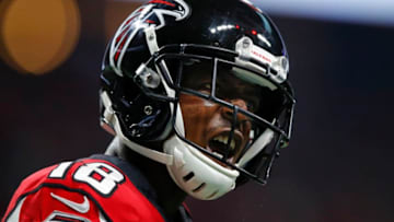 ATLANTA, GA - SEPTEMBER 15: Calvin Ridley #18 of the Atlanta Falcons reacts after a touchdown in the first half of an NFL game against the Philadelphia Eagles at Mercedes-Benz Stadium on September 15, 2019 in Atlanta, Georgia. (Photo by Todd Kirkland/Getty Images)