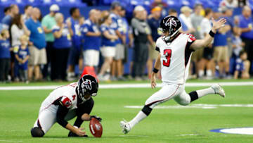 INDIANAPOLIS, INDIANA - SEPTEMBER 22: Matt Bryant #3 of the Atlanta Falcons warms up before the start of the game against the Indianapolis Colts at Lucas Oil Stadium on September 22, 2019 in Indianapolis, Indiana. (Photo by Justin Casterline/Getty Images)