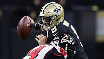 NEW ORLEANS, LOUISIANA - NOVEMBER 10: Drew Brees #9 of the New Orleans Saints is sacked by Vic Beasley #44 of the Atlanta Falcons at Mercedes Benz Superdome on November 10, 2019 in New Orleans, Louisiana. (Photo by Chris Graythen/Getty Images)