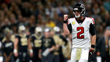 NEW ORLEANS, LOUISIANA - NOVEMBER 10: Matt Ryan #2 of the Atlanta Falcons reacts after throwing a touchdown pass during a NFL game against the New Orleans Saints at the Mercedes Benz Superdome on November 10, 2019 in New Orleans, Louisiana. (Photo by Sean Gardner/Getty Images)