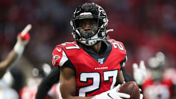 ATLANTA, GA - DECEMBER 8: Damontae Kazee #27 of the Atlanta Falcons reacts following making an interception during the first half of the game against the Carolina Panthers at Mercedes-Benz Stadium on December 8, 2019 in Atlanta, Georgia. (Photo by Carmen Mandato/Getty Images)