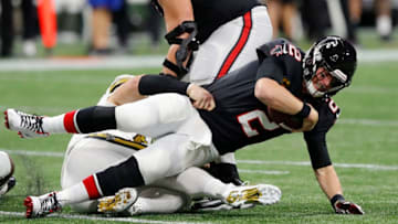 ATLANTA, GEORGIA - NOVEMBER 28: Matt Ryan #2 of the Atlanta Falcons is sacked by Trey Hendrickson #91 of the New Orleans Saints during the second quarter at Mercedes-Benz Stadium on November 28, 2019 in Atlanta, Georgia. (Photo by Kevin C. Cox/Getty Images)