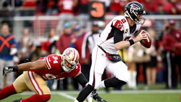 SANTA CLARA, CALIFORNIA - DECEMBER 15: Quarterback Matt Ryan #2 of the Atlanta Falcons scrambles against defensive end Solomon Thomas #94 of the San Francisco 49ers during the game at Levi's Stadium on December 15, 2019 in Santa Clara, California. (Photo by Ezra Shaw/Getty Images)