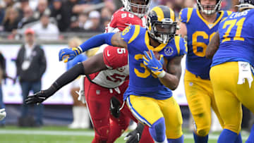 LOS ANGELES, CA - DECEMBER 29: Todd Gurley #30 of the Los Angeles Rams runs the ball in the game against the Arizona Cardinals at the Los Angeles Memorial Coliseum on December 29, 2019 in Los Angeles, California. (Photo by Jayne Kamin-Oncea/Getty Images)