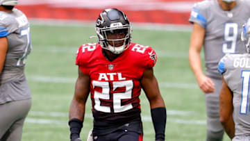 ATLANTA, GEORGIA - OCTOBER 25: Keanu Neal #22 of the Atlanta Falcons reacts after making a tackle against the Detroit Lions during the first half at Mercedes-Benz Stadium on October 25, 2020 in Atlanta, Georgia. (Photo by Kevin C. Cox/Getty Images)
