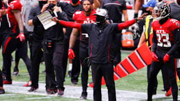 ATLANTA, GEORGIA - OCTOBER 25: Interim head coach Raheem Morris of the Atlanta Falcons reacts during the second half against the Detroit Lions at Mercedes-Benz Stadium on October 25, 2020 in Atlanta, Georgia. (Photo by Kevin C. Cox/Getty Images)
