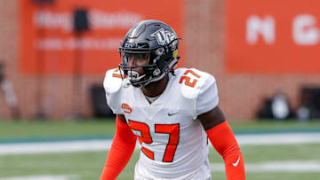 MOBILE, AL - JANUARY 30: Safety Richie Grant #27 from Central Florida of the American Team during the 2021 Resse's Senior Bowl at Hancock Whitney Stadium on the campus of the University of South Alabama on January 30, 2021 in Mobile, Alabama. The National Team defeated the American Team 27-24. (Photo by Don Juan Moore/Getty Images)