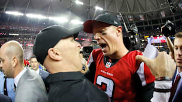 ATLANTA, GA - JANUARY 22: Head coach Dan Quinn and Matt Ryan #2 of the Atlanta Falcons celebrate after defeating the Green Bay Packers in the NFC Championship Game at the Georgia Dome on January 22, 2017 in Atlanta, Georgia. The Falcons defeated the Packers 44-21. (Photo by Kevin C. Cox/Getty Images)