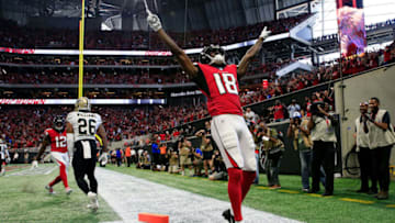 ATLANTA, GA - SEPTEMBER 23: Calvin Ridley #18 of the Atlanta Falcons celebrates a touchdown catch during the first half against the New Orleans Saints at Mercedes-Benz Stadium on September 23, 2018 in Atlanta, Georgia. (Photo by Daniel Shirey/Getty Images)