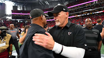 ATLANTA, GA - SEPTEMBER 30: Head coach Marvin Lewis of the Cincinnati Bengals shakes hands with head coach Dan Quinn of the Atlanta Falcons after the game at Mercedes-Benz Stadium on September 30, 2018 in Atlanta, Georgia. (Photo by Scott Cunningham/Getty Images)