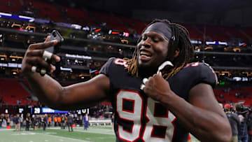 ATLANTA, GA - OCTOBER 22: Takkarist McKinley #98 of the Atlanta Falcons reacts after their 23-20 win over the New York Giants at Mercedes-Benz Stadium on October 22, 2018 in Atlanta, Georgia. (Photo by Kevin C. Cox/Getty Images)