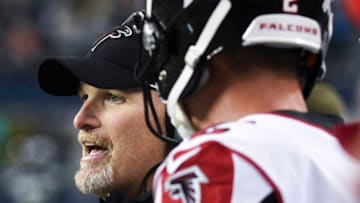 SEATTLE, WA - NOVEMBER 20: Head coach Dan Quinn of the Atlanta Falcons talks with quarterback Matt Ryan #2 in the first quarter of the game against the Seattle Seahwawks at CenturyLink Field on November 20, 2017 in Seattle, Washington. (Photo by Steve Dykes/Getty Images)