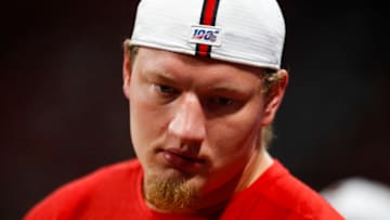 ATLANTA, GA - AUGUST 15: Kaleb McGary #76 of the Atlanta Falcons looks on during the first half of an NFL preseason game against the New York Jets at Mercedes-Benz Stadium on August 15, 2019 in Atlanta, Georgia. (Photo by Todd Kirkland/Getty Images)
