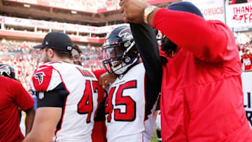 TAMPA, FLORIDA - DECEMBER 29: Deion Jones #45 of the Atlanta Falcons celebrates after intercepting Jameis Winston #3 of the Tampa Bay Buccaneers (not pictured) and returning it for a touchdown to defeat the Tampa Bay Buccaneers 28-22 in overtime at Raymond James Stadium on December 29, 2019 in Tampa, Florida. (Photo by Michael Reaves/Getty Images)