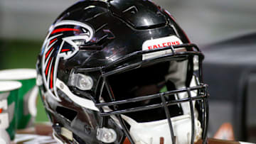 Aug 31, 2017; Atlanta, GA, USA; Atlanta Falcons helmet on the sideline against the Jacksonville Jaguars in the third quarter at Mercedes-Benz Stadium. Mandatory Credit: Brett Davis-USA TODAY Sports