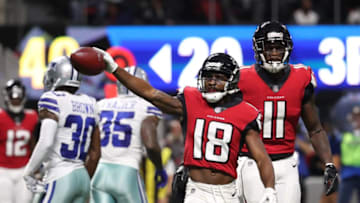 Nov 12, 2017; Atlanta, GA, USA; Atlanta Falcons wide receiver Taylor Gabriel (18) celebrates a catch in the third quarter against the Dallas Cowboys at Mercedes-Benz Stadium. Mandatory Credit: Jason Getz-USA TODAY Sports