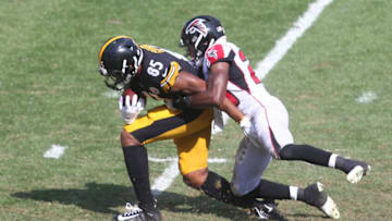 Oct 7, 2018; Pittsburgh, PA, USA; Pittsburgh Steelers tight end Xavier Grimble (85) is tackled after a catch against Atlanta Falcons defensive back Jordan Richards (29) during the third quarter at Heinz Field. The Steelers won 41-17. Mandatory Credit: Charles LeClaire-USA TODAY Sports