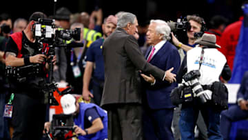 Feb 3, 2019; Atlanta, GA, USA; Atlanta Falcons owner Arthur Blank greets New England Patriots owner Robert Kraft before Super Bowl LIII at Mercedes-Benz Stadium. Mandatory Credit: Matthew Emmons-USA TODAY Sports