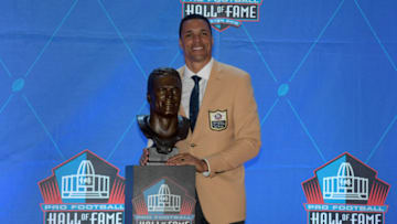 Aug 3, 2019; Canton, OH, USA; Tony Gonzalez poses with bust during the Pro Football Hall of Fame Enshrinement at Tom Benson Hall of Fame Stadium. Mandatory Credit: Kirby Lee-USA TODAY Sports