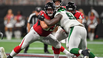 Aug 15, 2019; Atlanta, GA, USA; Atlanta Falcons offensive guard Chris Lindstrom (63) blocks against New York Jets defensive tackle Foley Fatukasi (94) during the first half at Mercedes-Benz Stadium. Mandatory Credit: Dale Zanine-USA TODAY Sports