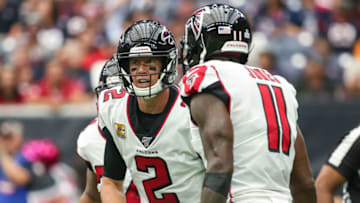Oct 6, 2019; Houston, TX, USA; Atlanta Falcons quarterback Matt Ryan (2) talks with wide receiver Julio Jones (11) during the game against the Houston Texans at NRG Stadium. Mandatory Credit: Troy Taormina-USA TODAY Sports
