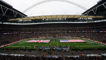 Nov 3, 2019; London, United Kingdom; General overall view of British and United States flags on the field during the playing of the national anthem before an NFL International Series game between the Jacksonville Jaguars and the Houston Texans at Wembley Stadium. Mandatory Credit: Kirby Lee-USA TODAY Sports