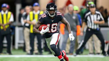 Nov 28, 2019; Atlanta, GA, USA; Atlanta Falcons wide receiver Calvin Ridley (18) runs after a catch against the New Orleans Saints in the first half at Mercedes-Benz Stadium. Mandatory Credit: Brett Davis-USA TODAY Sports