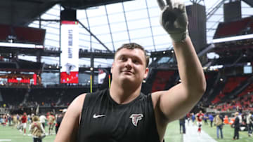 Dec 22, 2019; Atlanta, Georgia, USA; Atlanta Falcons guard Chris Lindstrom (63) reacts after they defeated the Jacksonville Jaguars at Mercedes-Benz Stadium. Mandatory Credit: Jason Getz-USA TODAY Sports