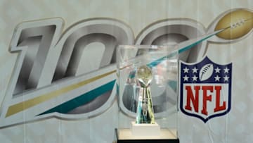 Feb 2, 2020; Miami Gardens, Florida, USA; A display of the Vince Lombardi Trophy before Super Bowl LIV between the Kansas City Chiefs and San Francisco 49ers at Hard Rock Stadium. Mandatory Credit: Kirby Lee-USA TODAY Sports