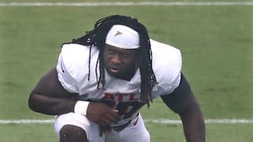 Aug 22, 2020; Flowery Branch, Georgia, USA; Atlanta Falcons defensive end Takk McKinley loosens up during training camp at the Falcons training facility. Mandatory Credit: Curtis Compton/Pool Photo-USA TODAY Sports