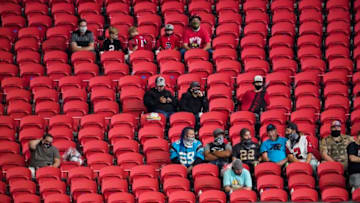 Oct 11, 2020; Atlanta, Georgia, USA; Atlanta Falcons fans shown in the stands against the Carolina Panthers during the second half at Mercedes-Benz Stadium. Mandatory Credit: Dale Zanine-USA TODAY Sports