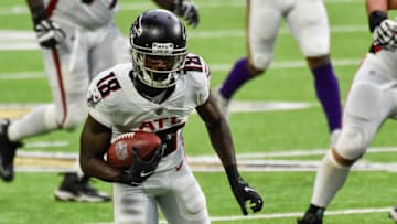 Oct 18, 2020; Minneapolis, Minnesota, USA; Atlanta Falcons wide receiver Calvin Ridley (18) in action during the game between the Minnesota Vikings and the Atlanta Falcons at U.S. Bank Stadium. Mandatory Credit: Jeffrey Becker-USA TODAY Sports