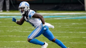 Nov 22, 2020; Charlotte, North Carolina, USA; Detroit Lions cornerback Desmond Trufant (23) reacts during the second half against the Carolina Panthers at Bank of America Stadium. Mandatory Credit: Jim Dedmon-USA TODAY Sports