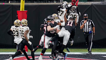 Dec 6, 2020; Atlanta, Georgia, USA; New Orleans Saints safety D.J. Swearinger (36) knocks the ball away from Atlanta Falcons wide receiver Julio Jones (11) on the last play of the game during the second half at Mercedes-Benz Stadium. Mandatory Credit: Dale Zanine-USA TODAY Sports