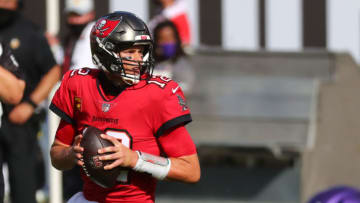 Dec 13, 2020; Tampa, Florida, USA; Tampa Bay Buccaneers quarterback Tom Brady (12) drops back against the Minnesota Vikings during the second quarter at Raymond James Stadium. Mandatory Credit: Kim Klement-USA TODAY Sports