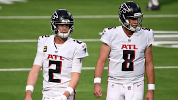 Dec 13, 2020; Inglewood, California, USA; Atlanta Falcons quarterbacks Matt Ryan (2) and Matt Schaub (8) during pregame warmups before playing the Los Angeles Chargers at SoFi Stadium. Mandatory Credit: Robert Hanashiro-USA TODAY Sports